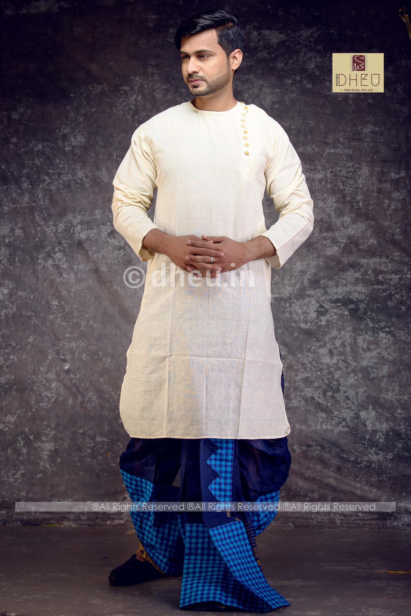 Casual white kurta with designer blue designer dhoti only at dheu.in