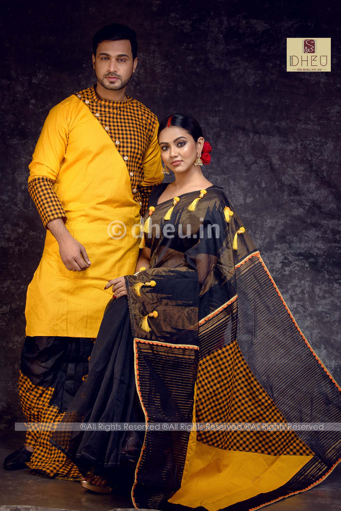 Premium Designer  Saree-Kurta-Dhuti Couple Set-BC0029D - Boutique Dheu