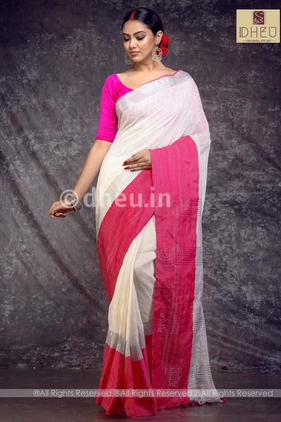 Designer handoven cotton linen saree at lowest cost only at dheu.in