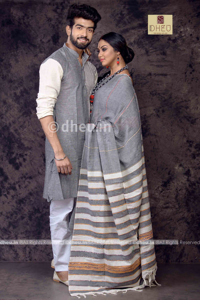 Gizmo Grey- Handloom Pure Cotton Saree-Kurta Couple Set - Boutique Dheu