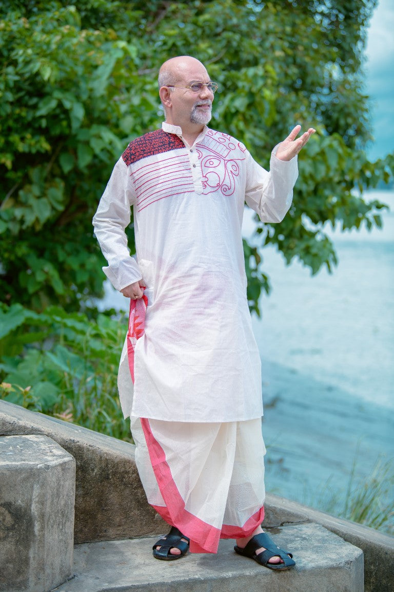 Classic red and white kurta with red & white designer dhoti from dheu.in
