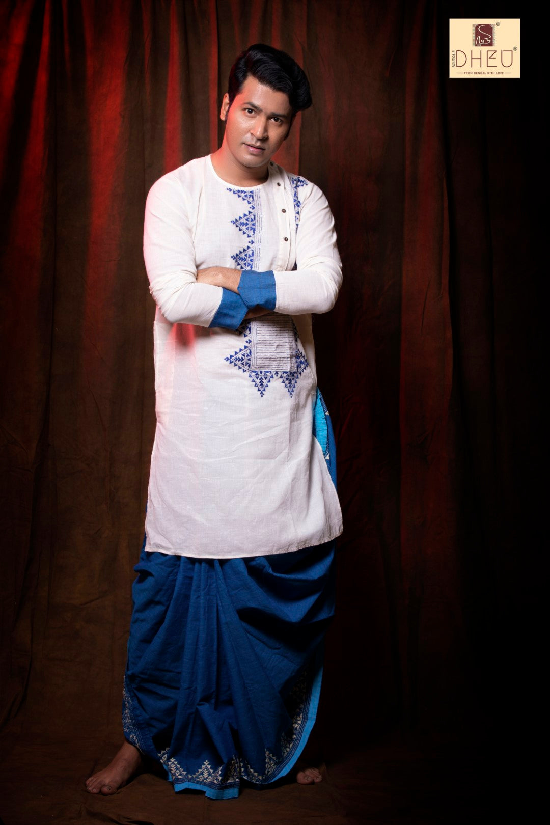 Perfect white-blue kurta with blue ready to wear dhoti from dheu.in