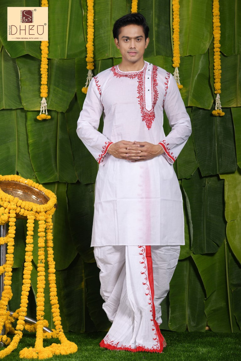 Sophisticate red & white kurta with red & white designer dhoti from dheu.in