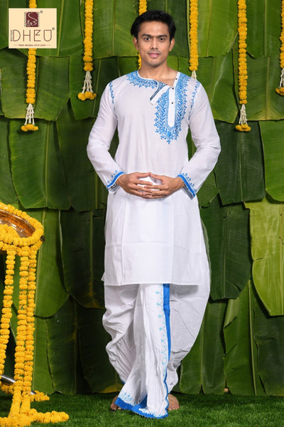 Perfect blue and white kurta with white ready to wear dhoti from dheu.in