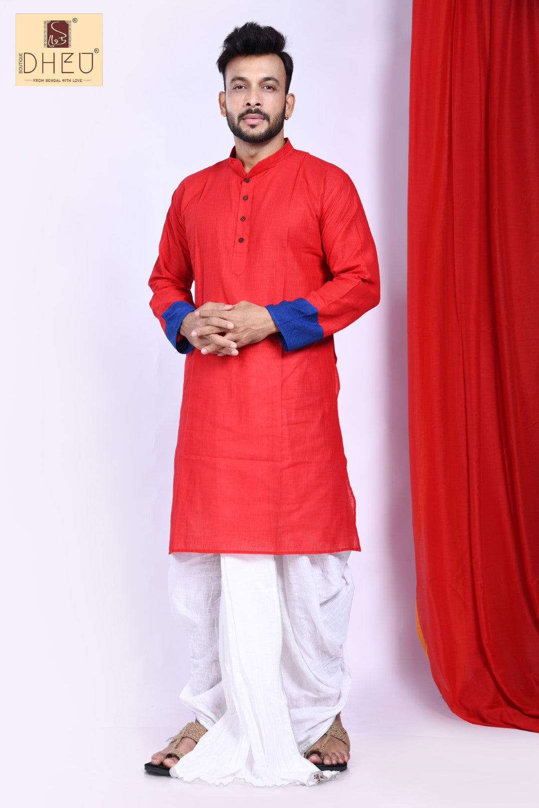 Vibrant red kurta with white ready to wear dhoti from dheu.in