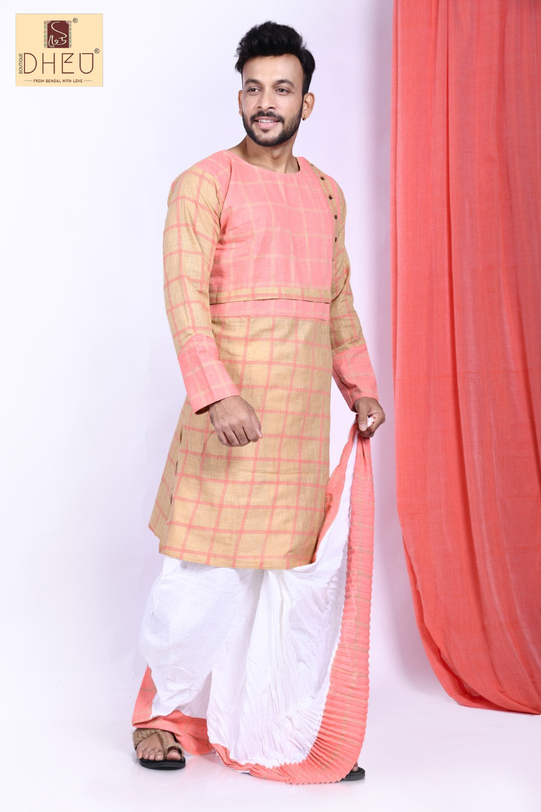 Elegant beige and pink kurta with designer dhoti only at dheu.in