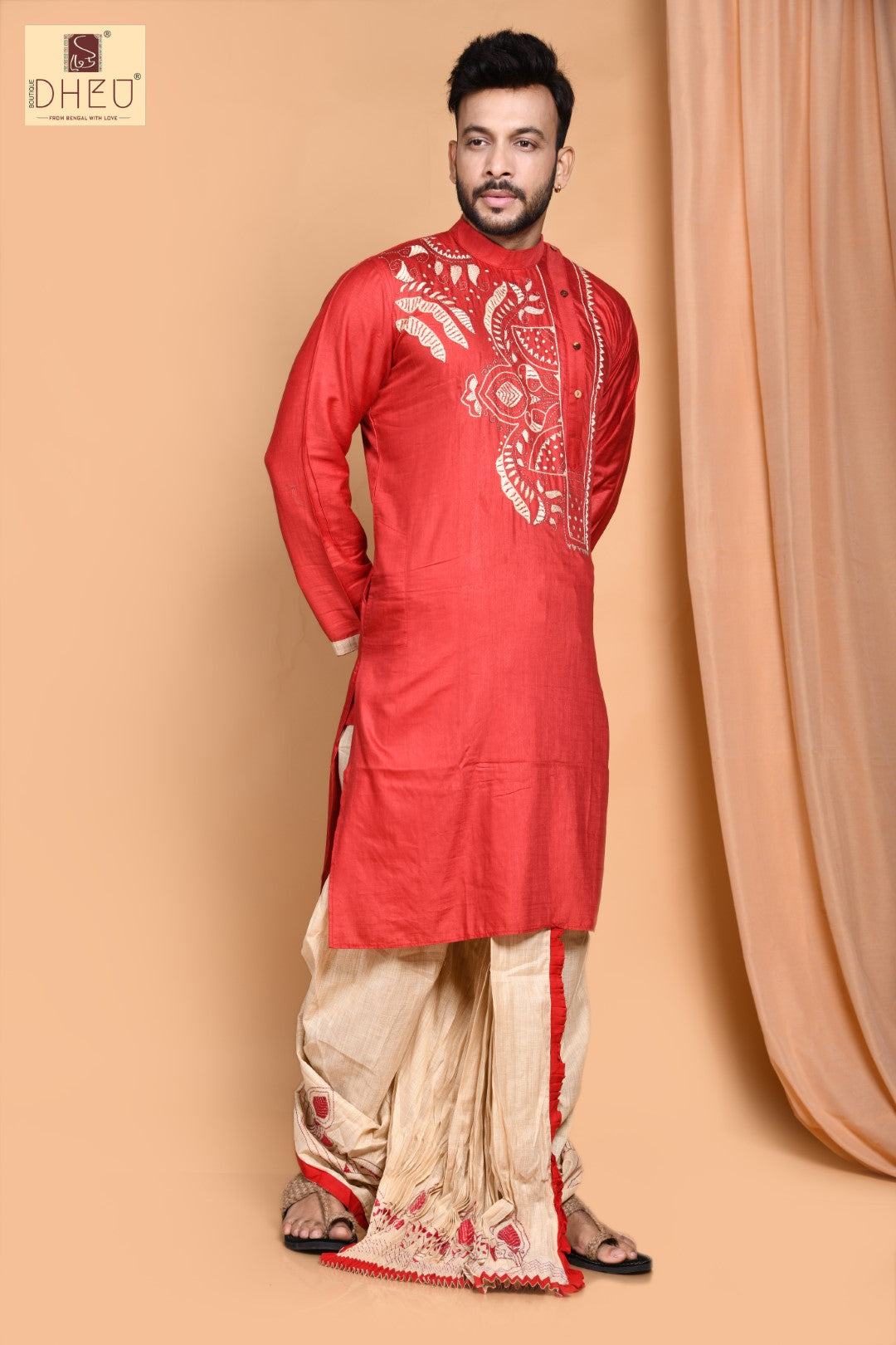 Sophisticate pure benarasi rust red kurta with beige ready to wear dhoti from dheu.in