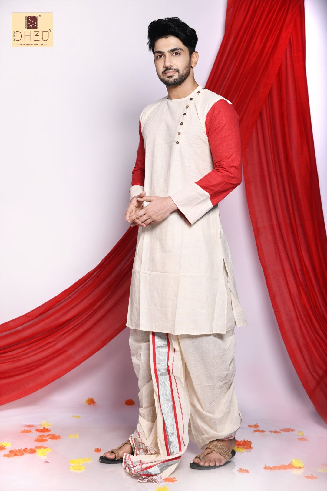 Classic red and white kurta with red & white designer dhoti from dheu.in