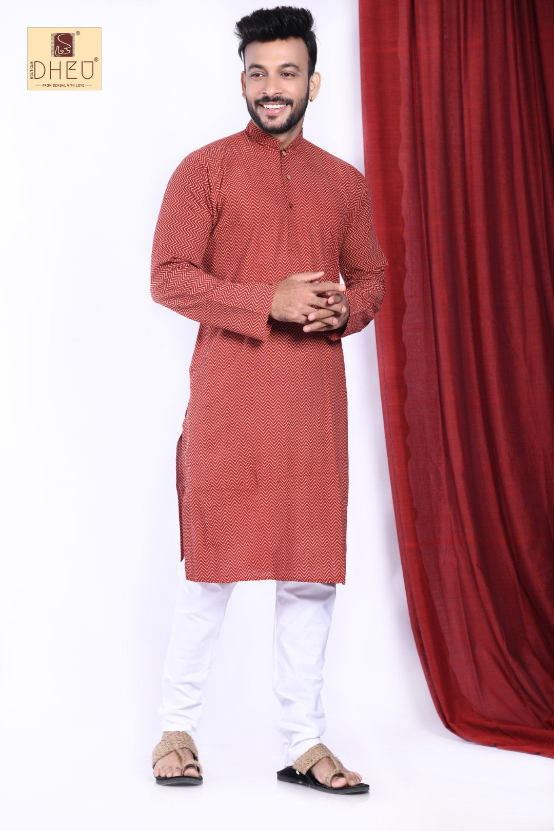 Vibrant maroon kurta with white cotton aligarh style pant from dheu.in