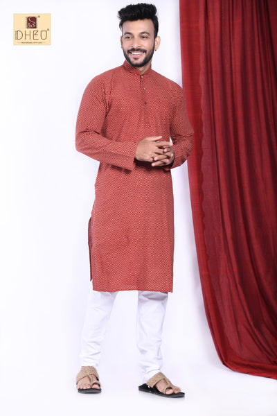 Vibrant maroon kurta with white cotton aligarh style pant from dheu.in