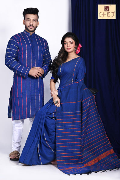 Periwinkle Blue- Khadi kurta-Saree Couple Set
