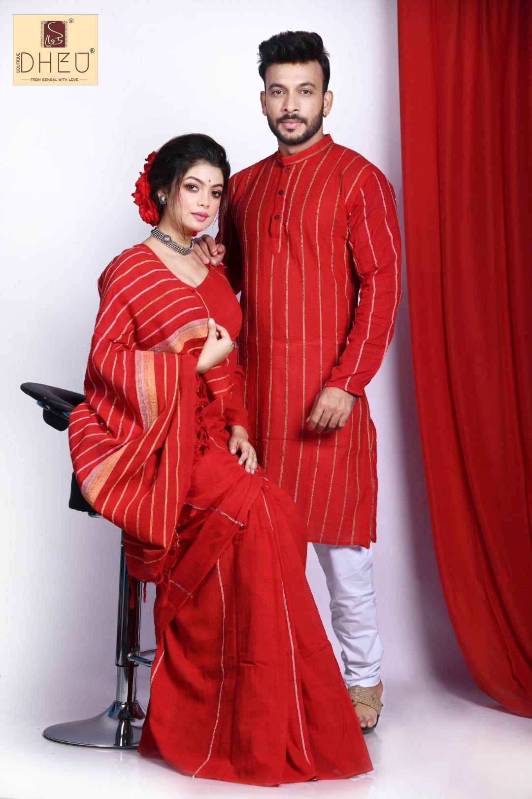 Begonia Red- Kurta-Saree Couple Set