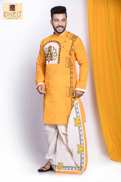 Sophisticate yellow kurta with white designer dhoti from dheu.in