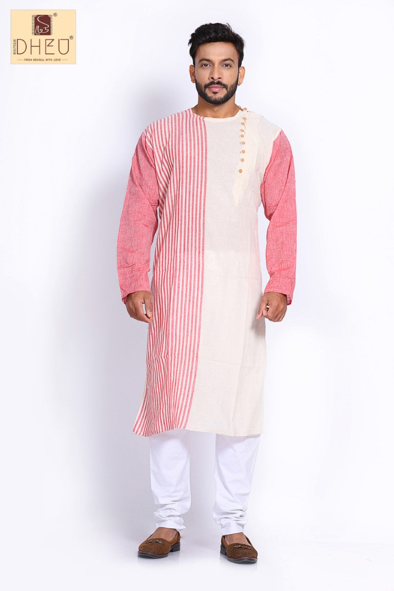 White-Rose pink Stripe Cotton  Kurta for Men
