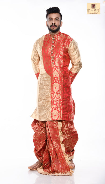 Sophisticate pure benarasi red and beige  kurta with red ready to wear dhoti from dheu.in