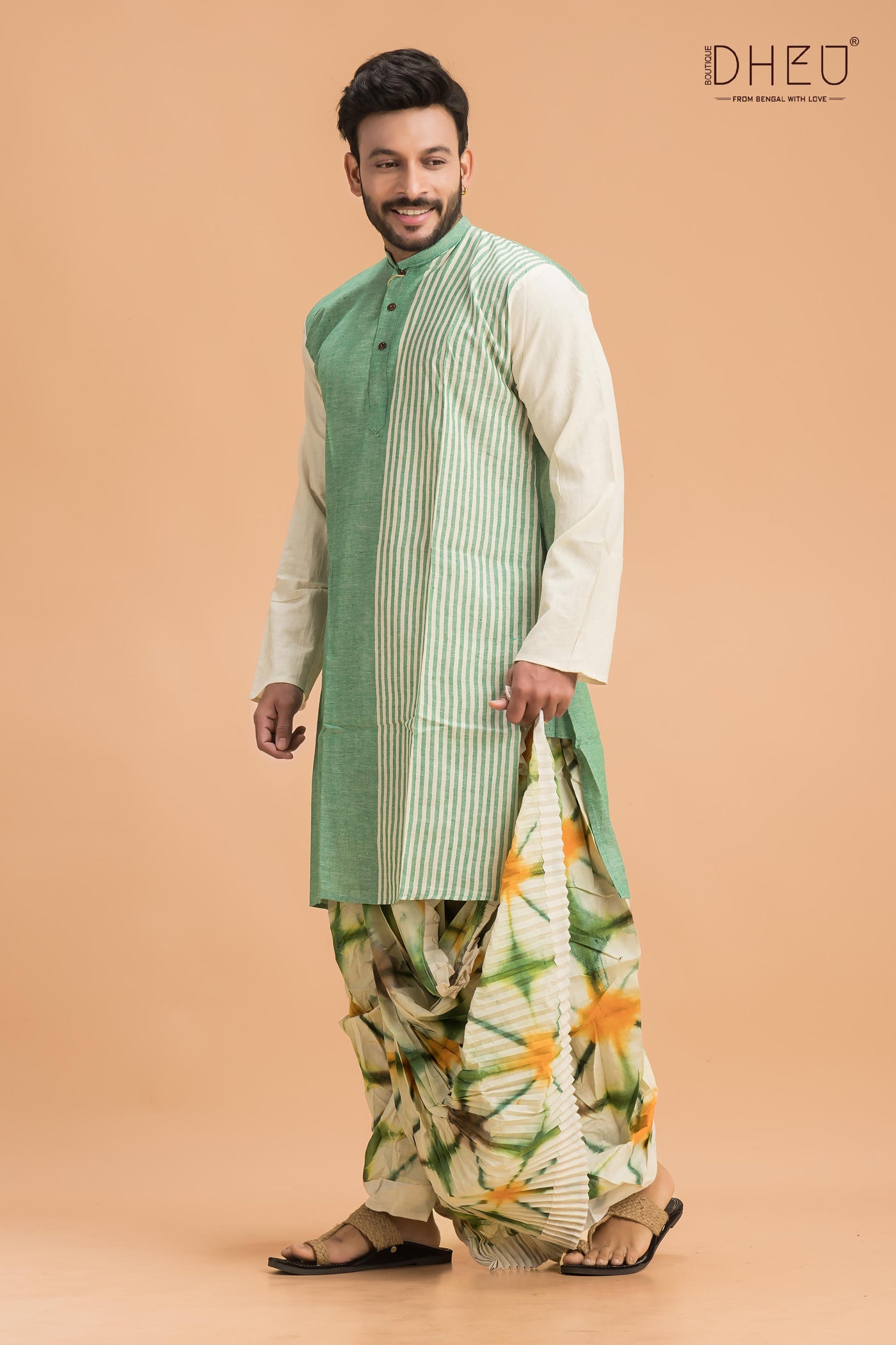 Casual pista green and white kurta with multicolour designer dhoti from dheu.in