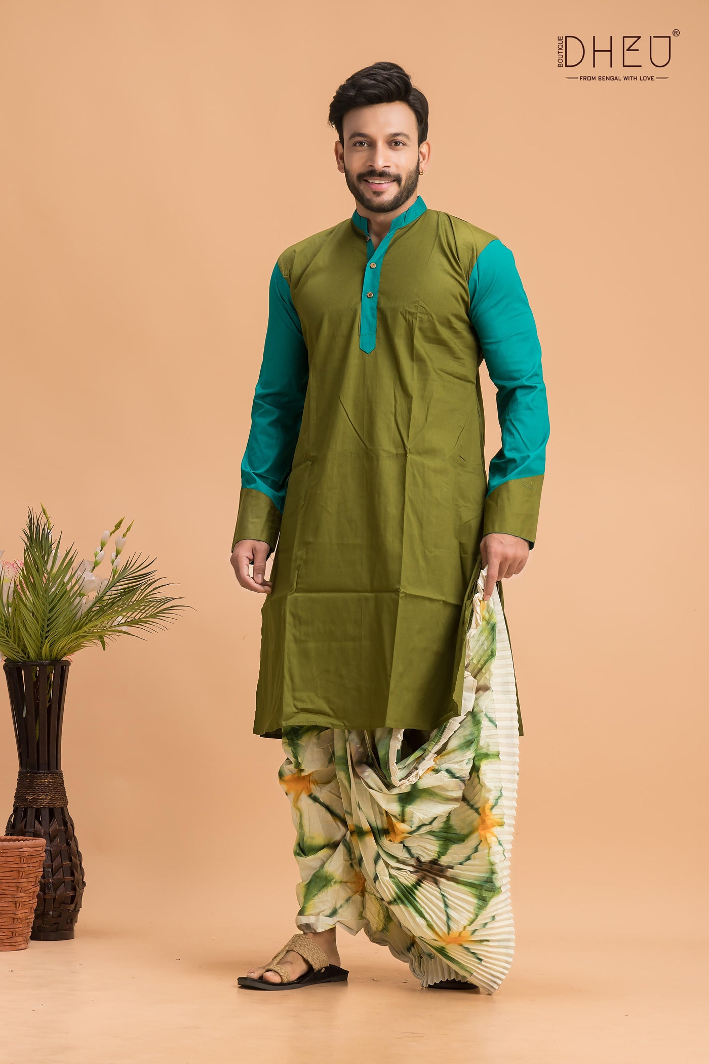 Casual  green and blue kurta with multicolour designer dhoti from dheu.in