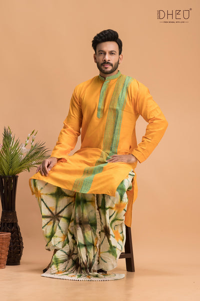 Sophisticate yellow- green kurta with multicolour designer dhoti from dheu.in