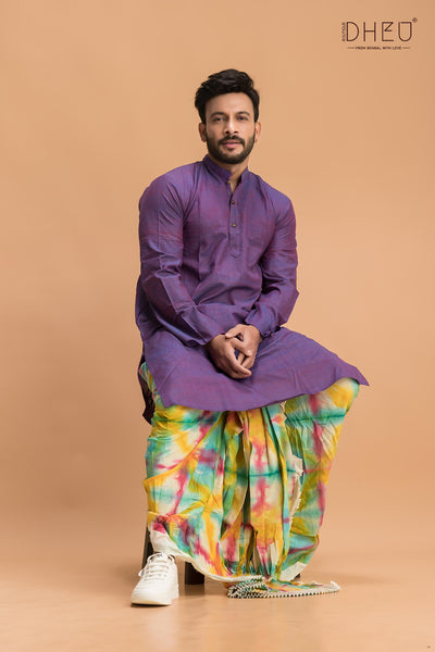 Casual purple kurta with multicolour designer dhoti only at dheu.in