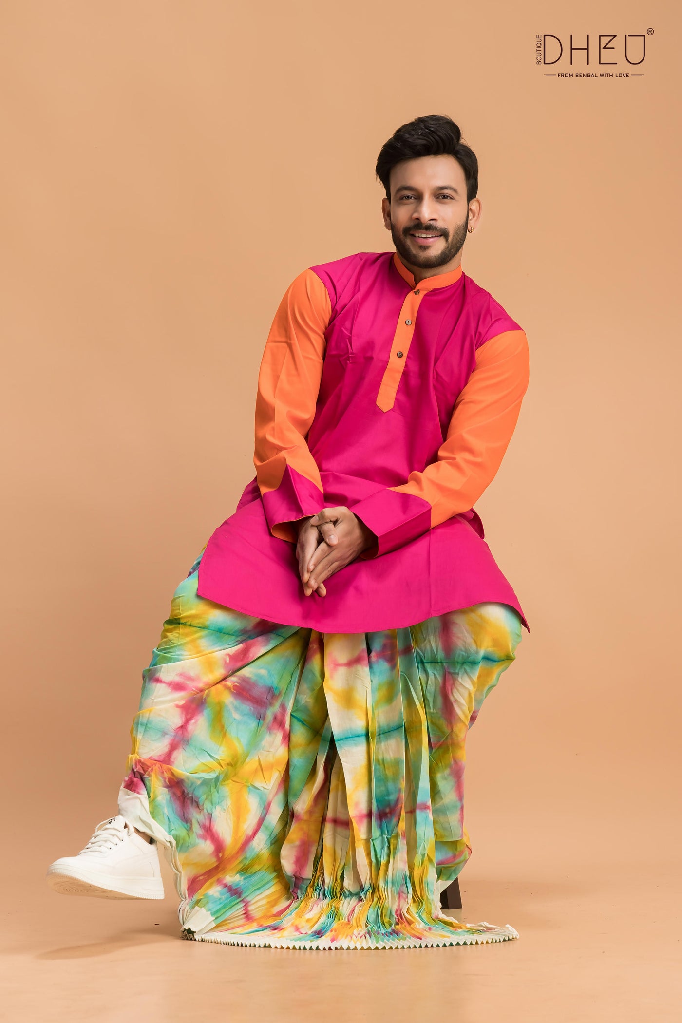 Classic pink & orange kurta with multicolour designer dhoti from dheu.in