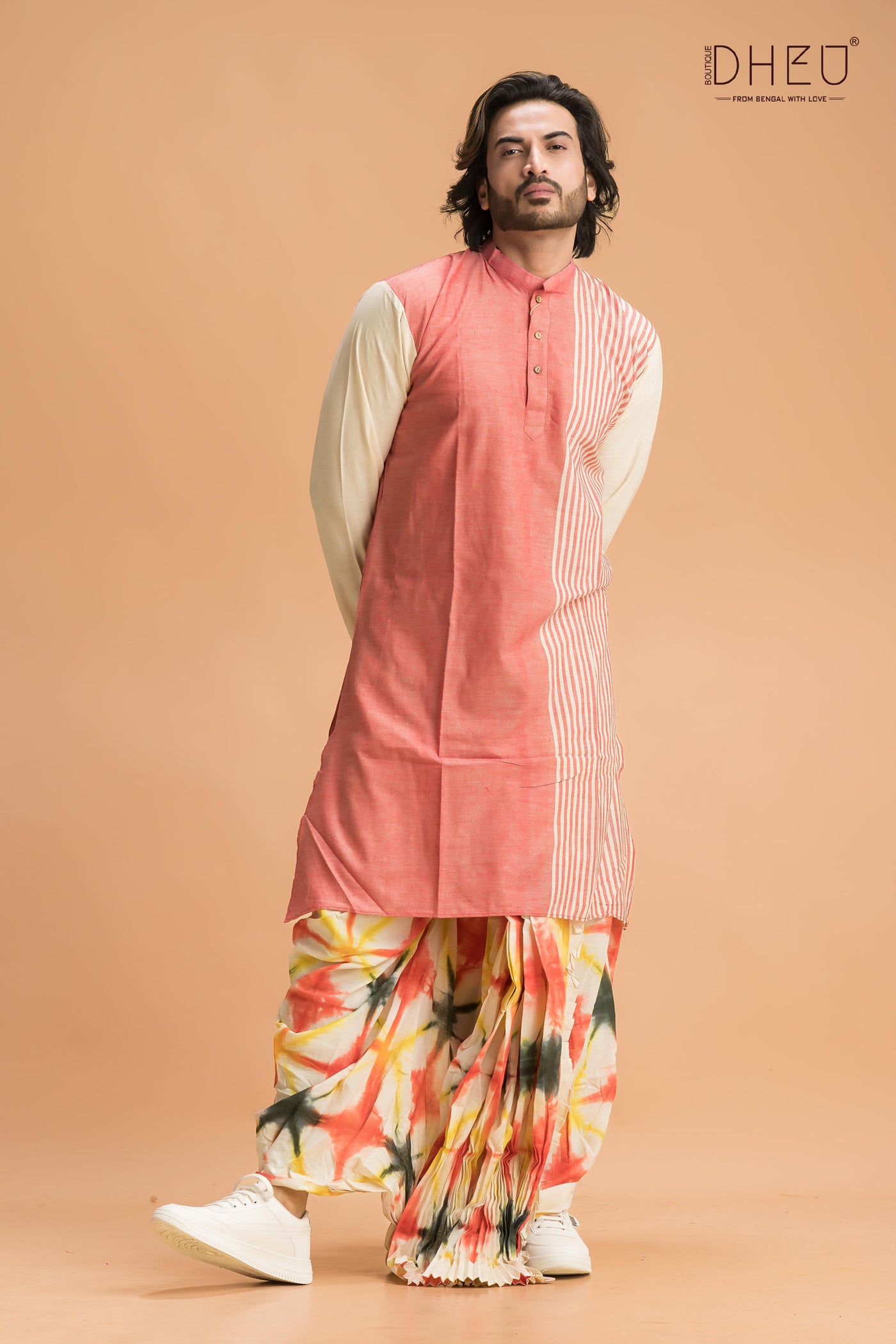 Perfect rose pink and white kurta with multicolour ready to wear dhoti from dheu.in