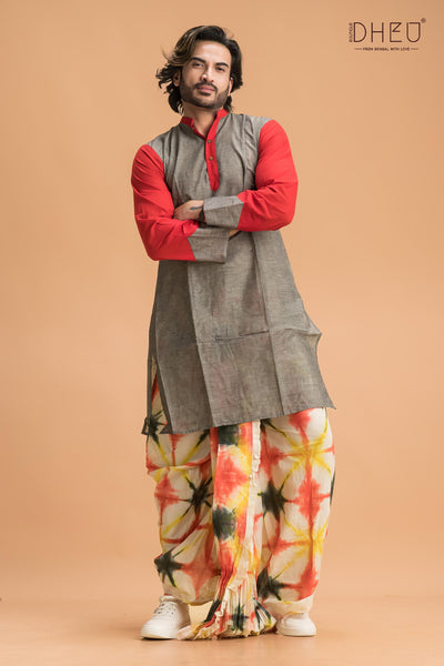 Casual grey kurta with multicolour designer dhoti from dheu.in