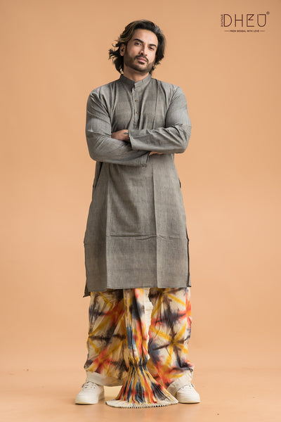 Perfect grey kurta with multicolour ready to wear dhoti from dheu.in