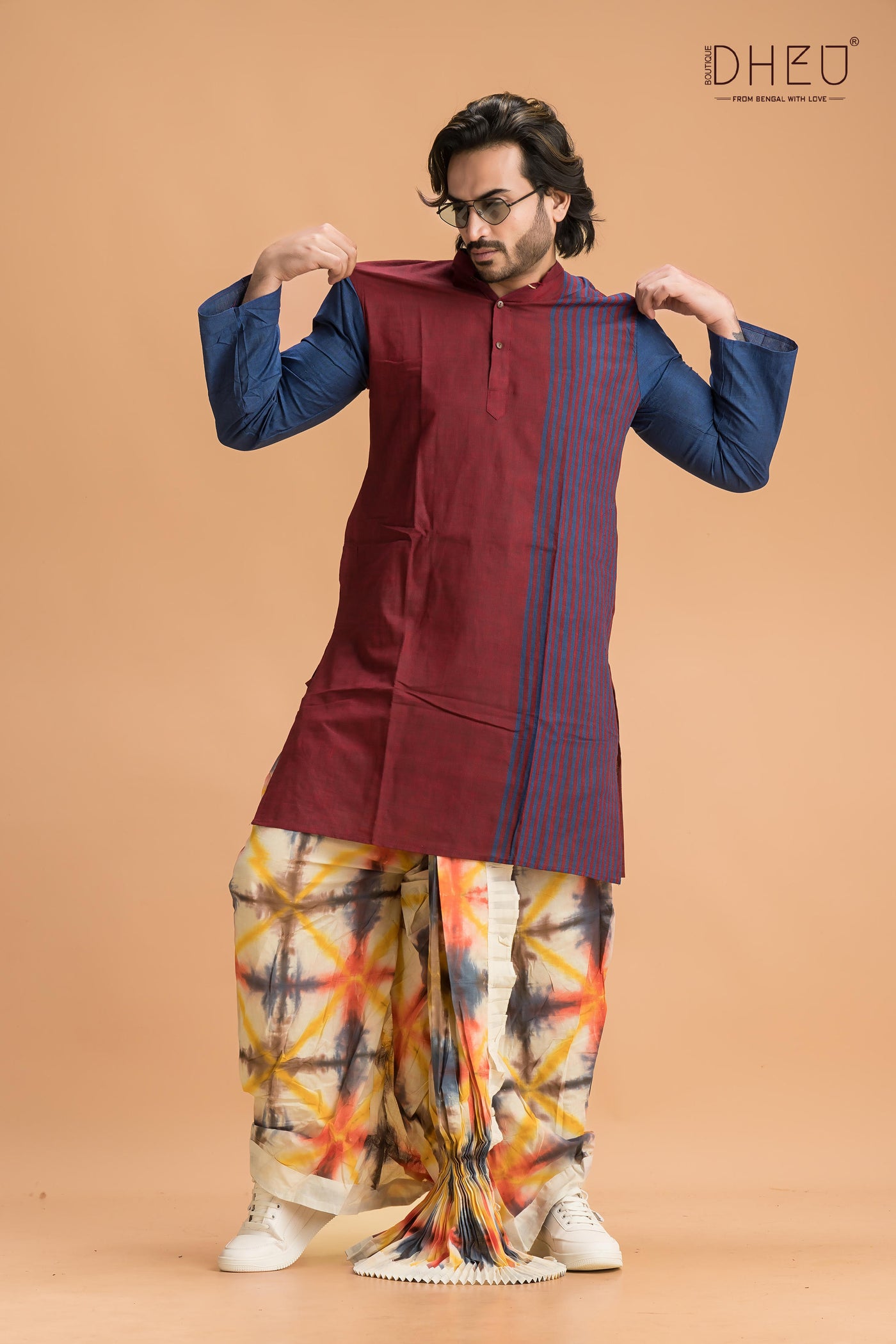 casual maroon blue  kurta with multicolour  ready to wear dhoti from dheu.in