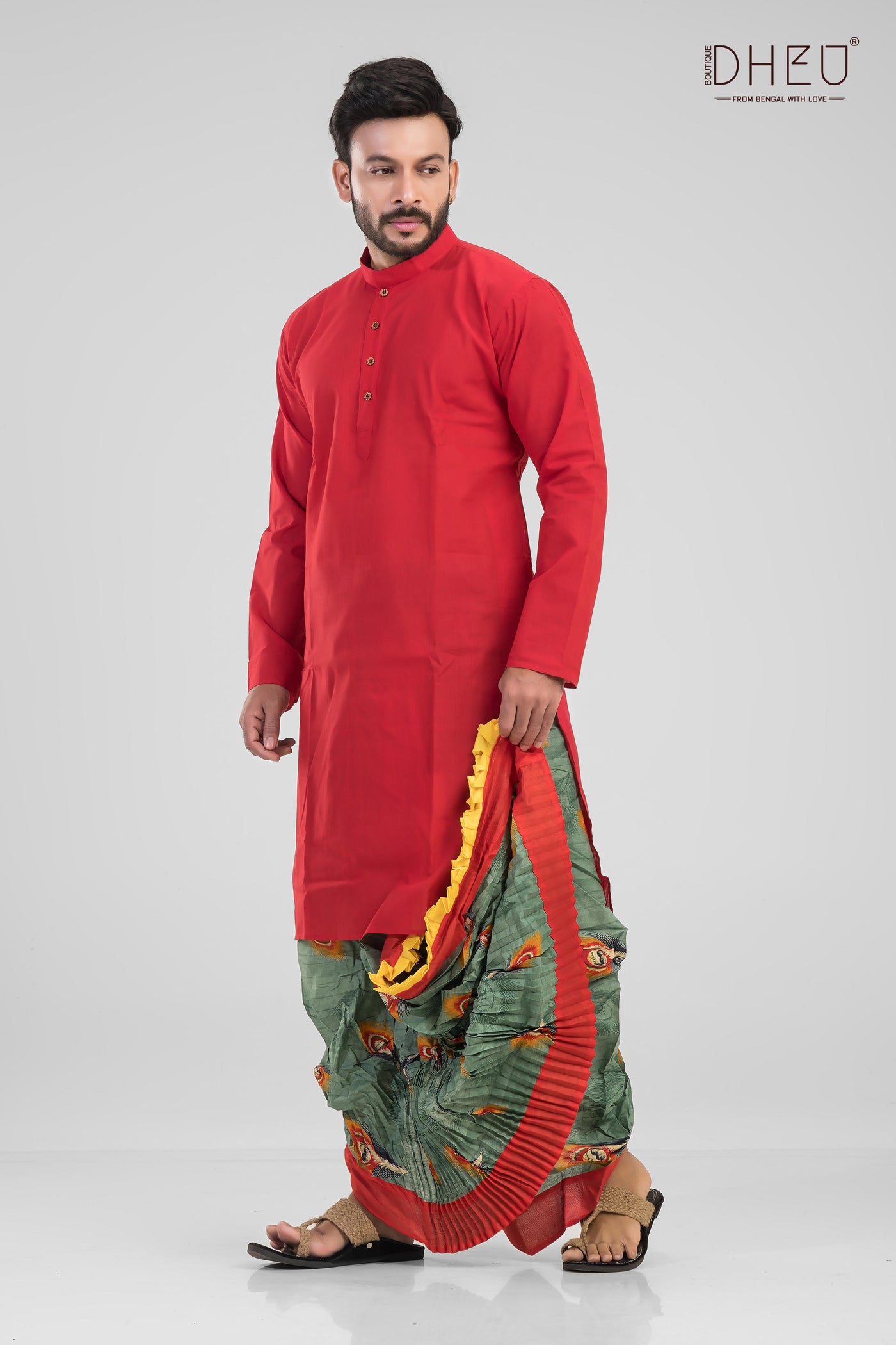 Casual red kurta with multicolour designer dhoti from dheu.in