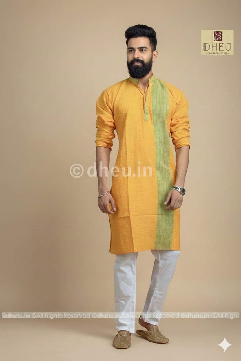 Yellow Pure Cotton kurta with Khes Border