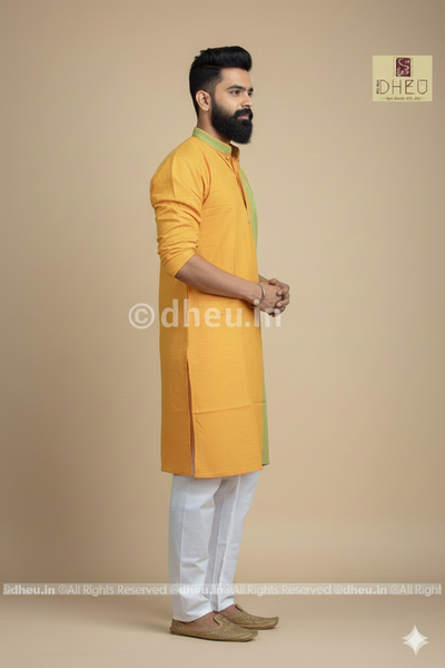 Yellow Pure Cotton kurta with Khes Border