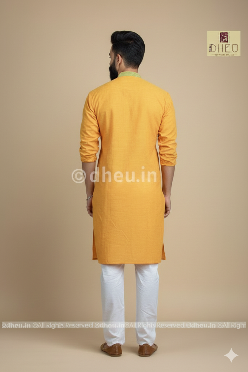 Yellow Pure Cotton kurta with Khes Border
