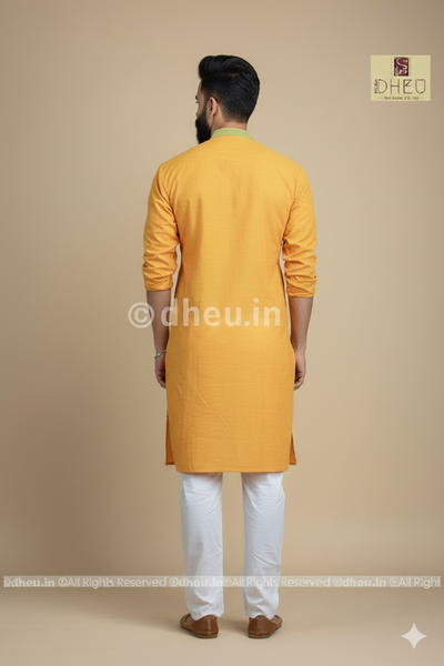 Yellow Pure Cotton kurta with Khes Border