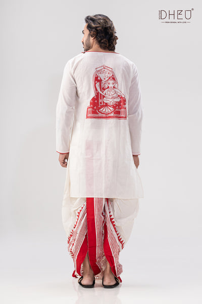 Classic red- white kurta & designer dhoti is perfect to buy from dheu.in