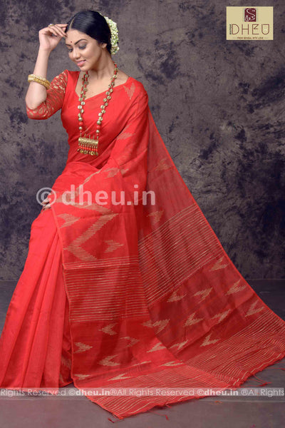 Red Handloom Silk Cotton Ghicha weaving