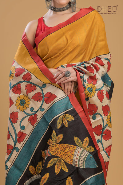 Exclusive Handprinted Tussar Silk Saree (Silk Mark Certified)