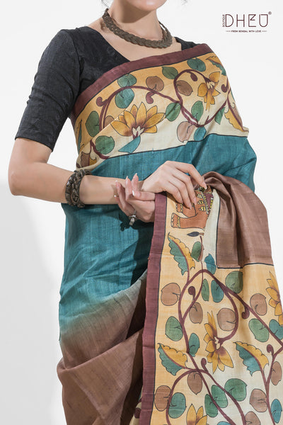 Exclusive Handprinted Tussar Silk Saree (Silk Mark Certified)