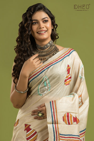 Pure Tussar Silk Kantha Stitch Saree (Silk Mark Certified)