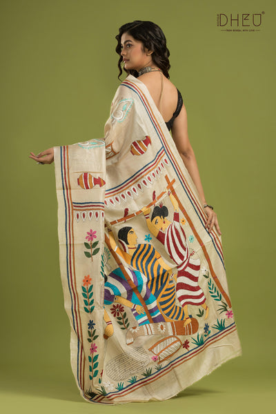 Pure Tussar Silk Kantha Stitch Saree (Silk Mark Certified)