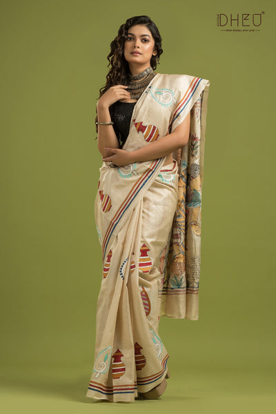 Pure Tussar Silk Kantha Stitch Saree (Silk Mark Certified)