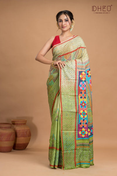 Pure Tussar Silk Kantha Stitch Saree (Silk Mark Certified)