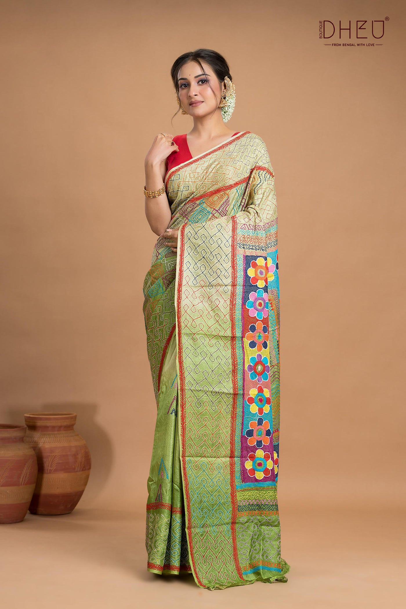 Pure Tussar Silk Kantha Stitch Saree (Silk Mark Certified)
