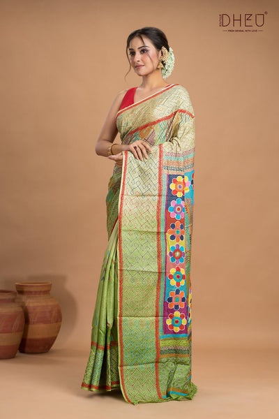 Pure Tussar Silk Kantha Stitch Saree (Silk Mark Certified)