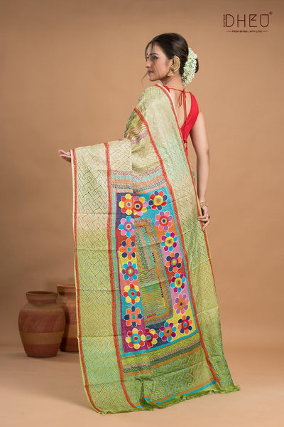 Pure Tussar Silk Kantha Stitch Saree (Silk Mark Certified)