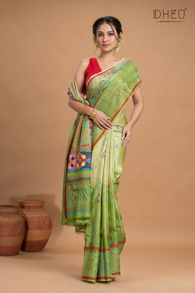 Pure Tussar Silk Kantha Stitch Saree (Silk Mark Certified)