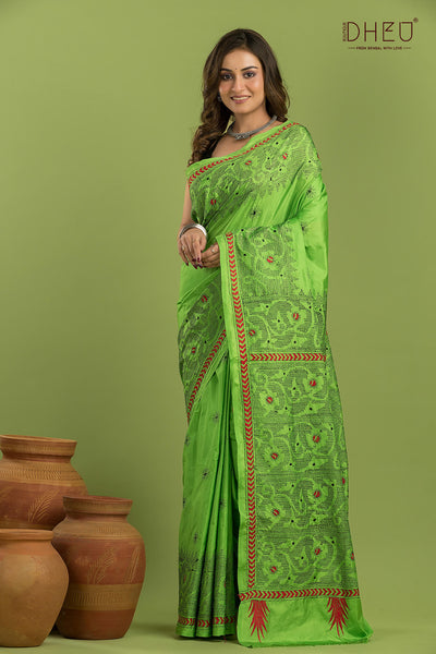 Bangalore Silk Kantha Stitch Saree