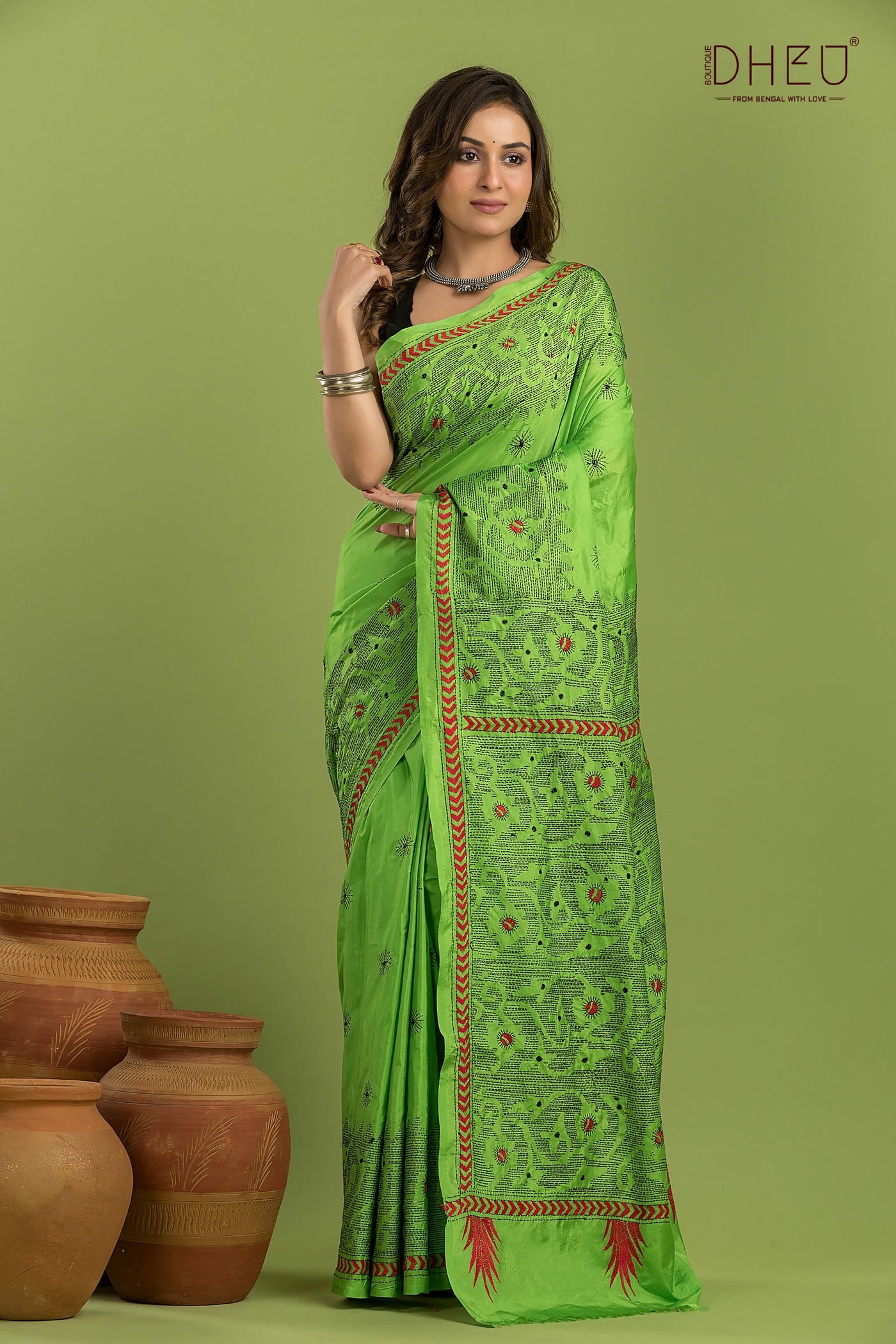 Bangalore Silk Kantha Stitch Saree