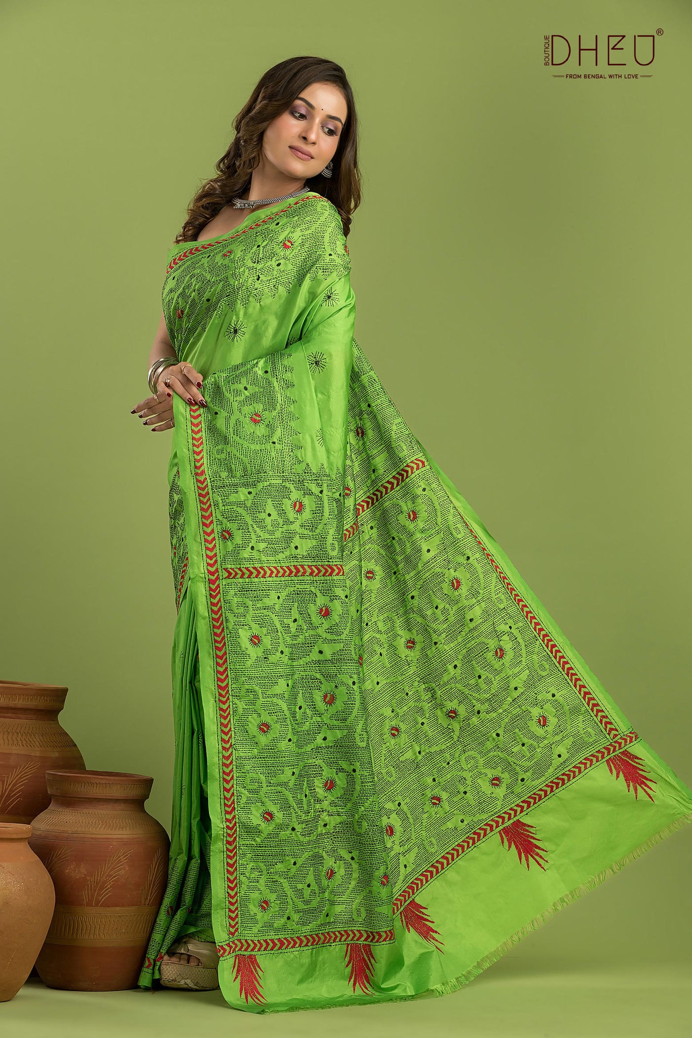 Bangalore Silk Kantha Stitch Saree