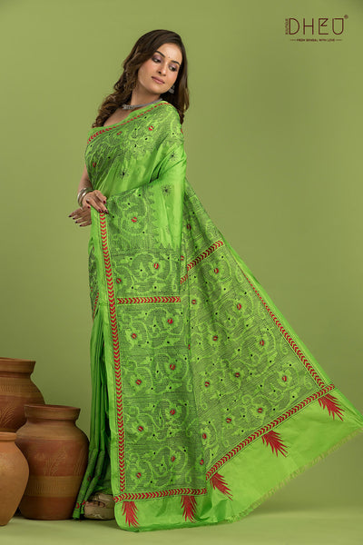 Bangalore Silk Kantha Stitch Saree