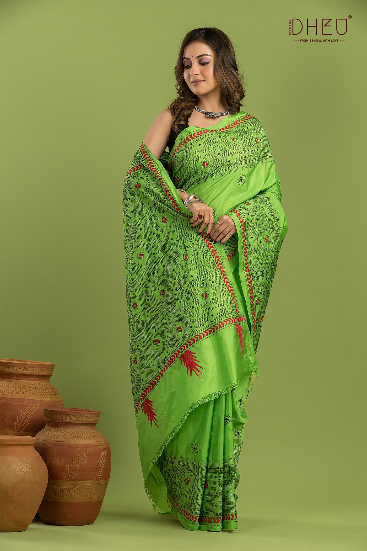 Bangalore Silk Kantha Stitch Saree
